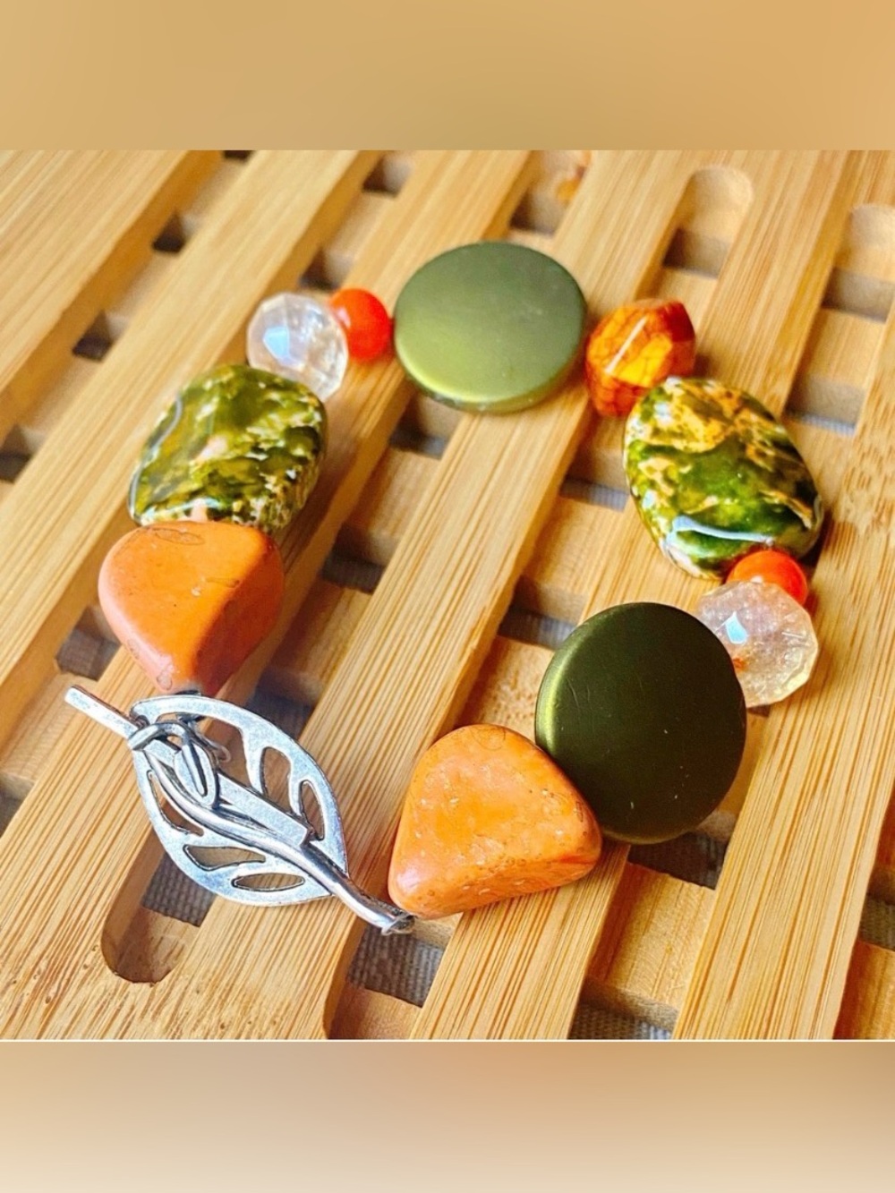 Tropical Botanical Green Orange Beaded Bracelet Silver Leaf Toggle Handmade